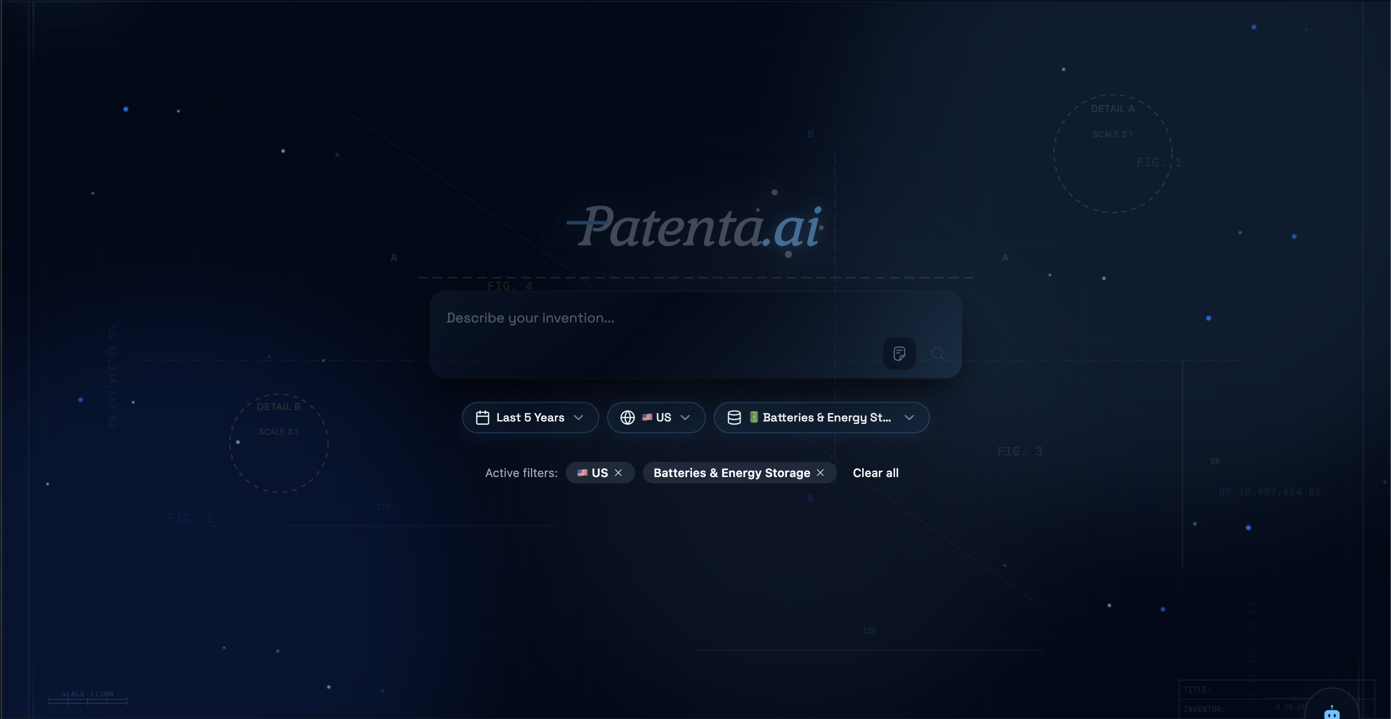 Patenta.ai dashboard in dark mode